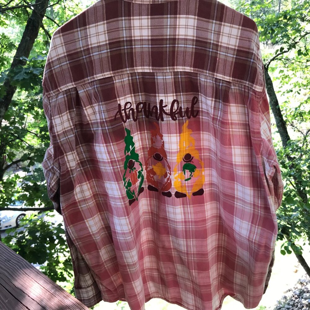 Ombre Bleached Flannel Shirt Upcycled, Painted Thankful Gnomes Plus Size XL - Picture 4 of 12